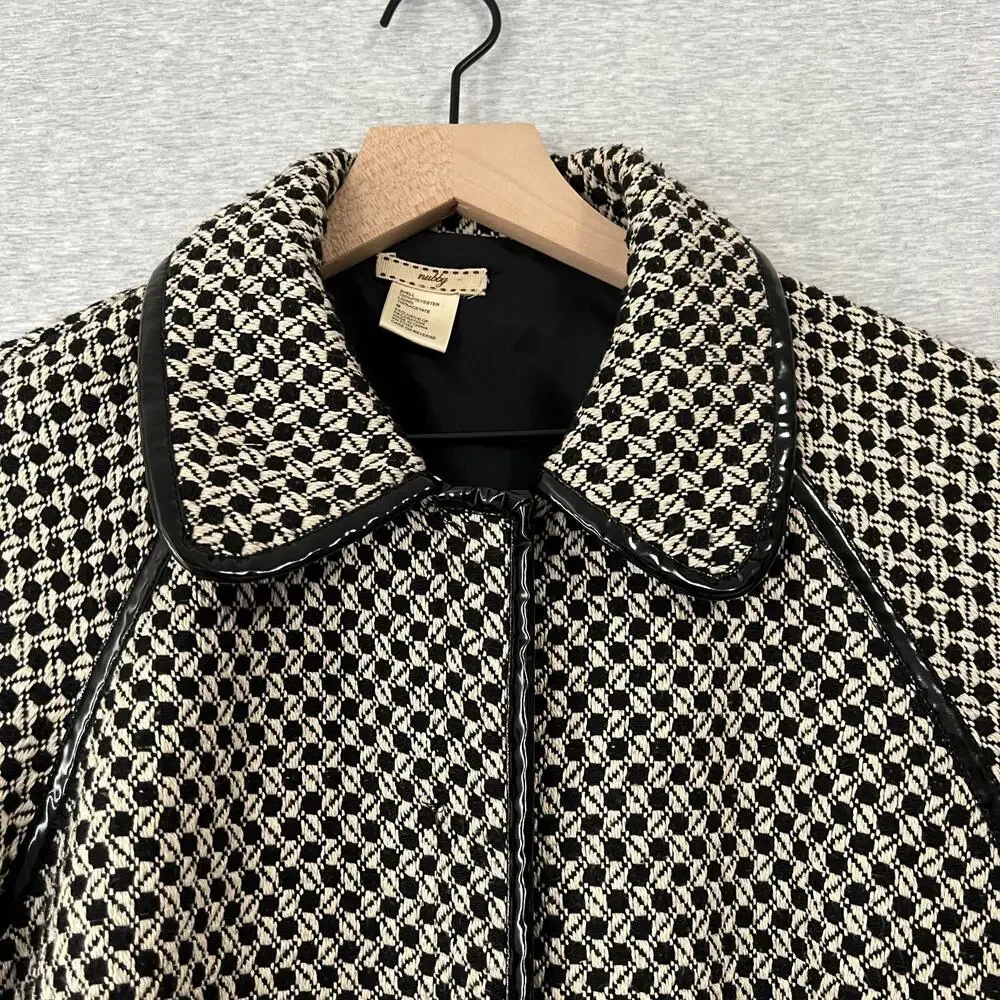 Nubby Coat Jacket Womens Medium Black White Tweed Y2K Patent Leather Trim Modern